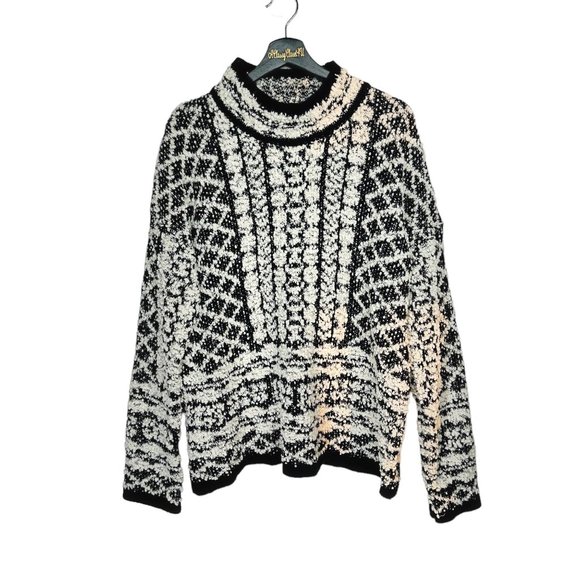Solitaire by Ravi Khosla Black White High Neck Chunky Hand Knit Sweater xl - Picture 1 of 9